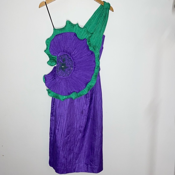 S 4 VTG 80’s BB Collections Purple Green Ruffle Formal One Shoulder Party Dress - Picture 3 of 9